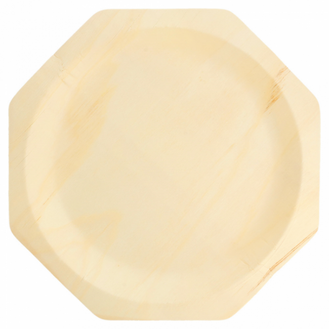 Assiette octagonale jetable en bois couleur naturel Ø 26x2.2 cm - Lot de 50 - Vaiselle jetable