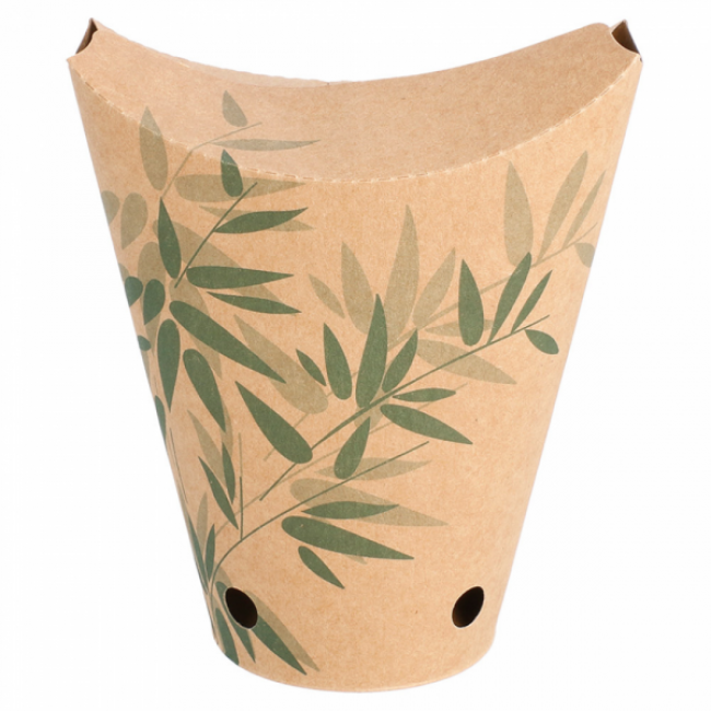 Gobelet à frites avec fermeture 360ml 6.7x12,5cm carton marron motifs feuilles vertes - Lot de 100 - Feel Green - AZ Boutique