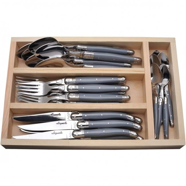 Ménagère 24 pièces noire en inox - Range couverts en bois - Laguiole - Jean Dubost
