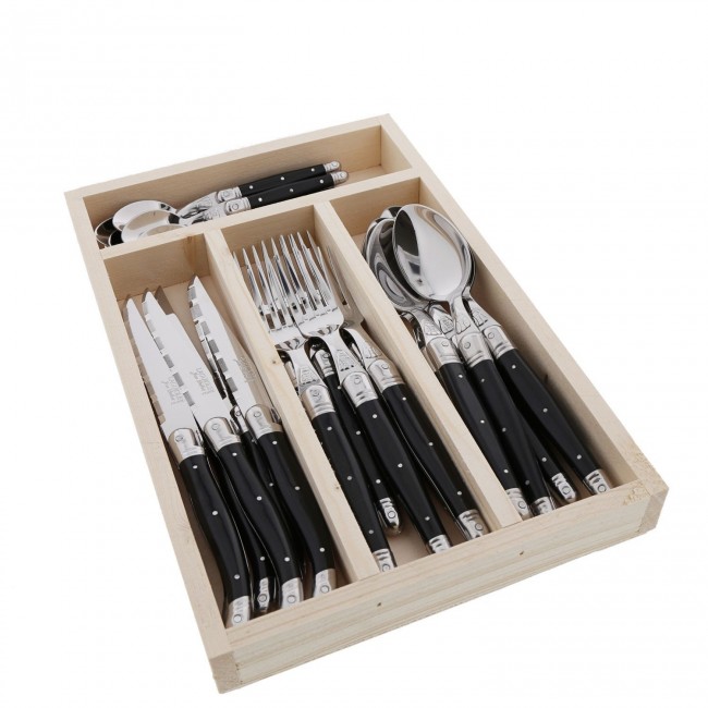 Ménagère 24 pièces noire en inox - Range couverts en bois - Laguiole - Jean Dubost