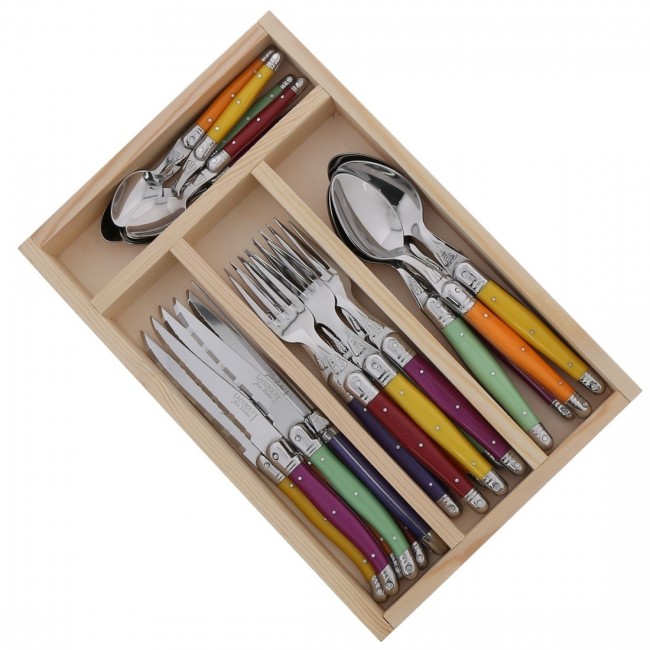 Ménagère 24 pièces noire en inox - Range couverts en bois - Laguiole - Jean Dubost