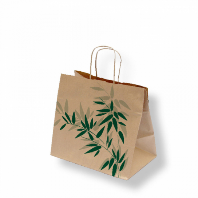 Sac SOS anses torsadées 80g/m² 26x17x24cm kraft marron motifs feuilles vertes - Lot de 250 - Feel Green - AZ Boutique