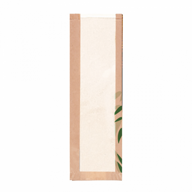 Sachet pain avec fenêtre classic 32g/m² 14x4x48cm kraft marron motifs feuilles vertes - Lot de 250 - Feel Green - AZ Boutique