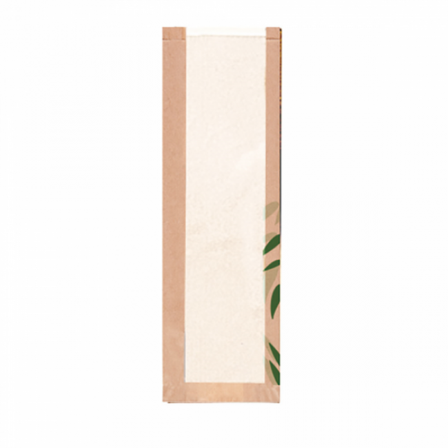 Sachet pain avec fênetre classic 32g/m² 14x4x60cm kraft marron motifs feuilles vertes - Lot de 250 - Feel Green - AZ Boutique