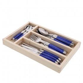 Ménagère 24 pièces manche bleu en inox  avec range couverts en bois 