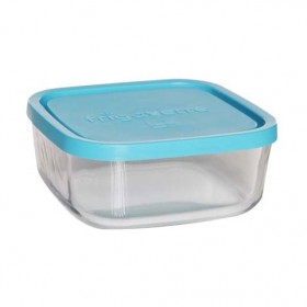 Boîte carrée en verre couvercle plastique bleu 15 x 15 cm