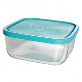 Boîte carrée en verre couvercle plastique turquoise 22 x 22 cm