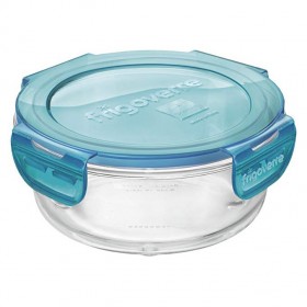Boîte hermétique ronde en verre couvercle plastique bleu 14 x 6.5cm