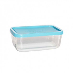 Boîte de conservation rectangulaire en verre couvercle plastique bleu 21 x 13 cm