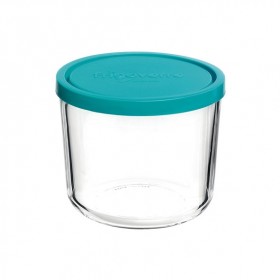 Boîte de conservation ronde haute en verre couvercle plastique turquoise