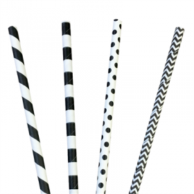 Paille en papier / chalumeau droite noire et blanche avec rayures et pois recyclable 0.6 x 20cm - Lot de 200