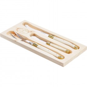Service à fromage 3-pièces manche couleur ivoire en inox - Range couverts en bois 