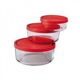 Boîtes de conservation ronde en verre couvercle plastique rouge Ø 11,15,18cm - Set de 3