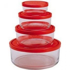 Boîtes de conservation rondes en verre couvercle plastique rouge Ø 11,15,18,23cm - Set de 4