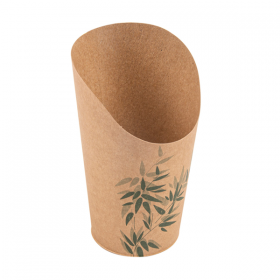 Gobelet à frites ouvert 480ml Ø8.5x13,5cm carton marron motifs feuilles vertes - Lot de 50