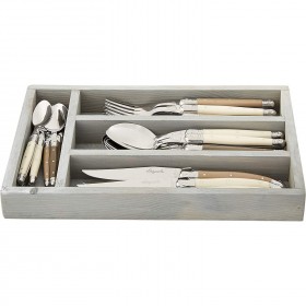 Ménagère 24 pièces manche coloris mixtes lin en inox avec range couverts en bois 
