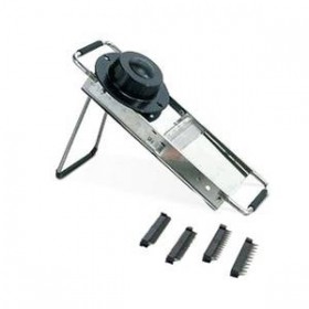Mandoline inox professionnelle avec 4 blocs effileurs réversibles et poussoir de sécurité plastique haute qualité 40 x 13.5 x 5.5 cm