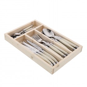 Ménagère 24 pièces manche ivoire en inox avec range couverts en bois 