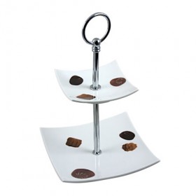 Présentoir à gâteaux avec motifs 2 niveaux 15x15cm en porcelaine - hauteur 24cm
